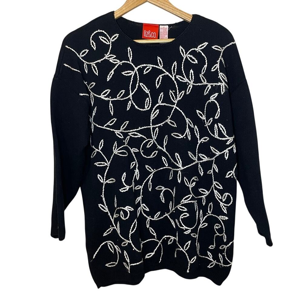 Liz & Co. Knit Black Crew Neck Cotton Vine Leaf Embroidered Pearl Sweater Small